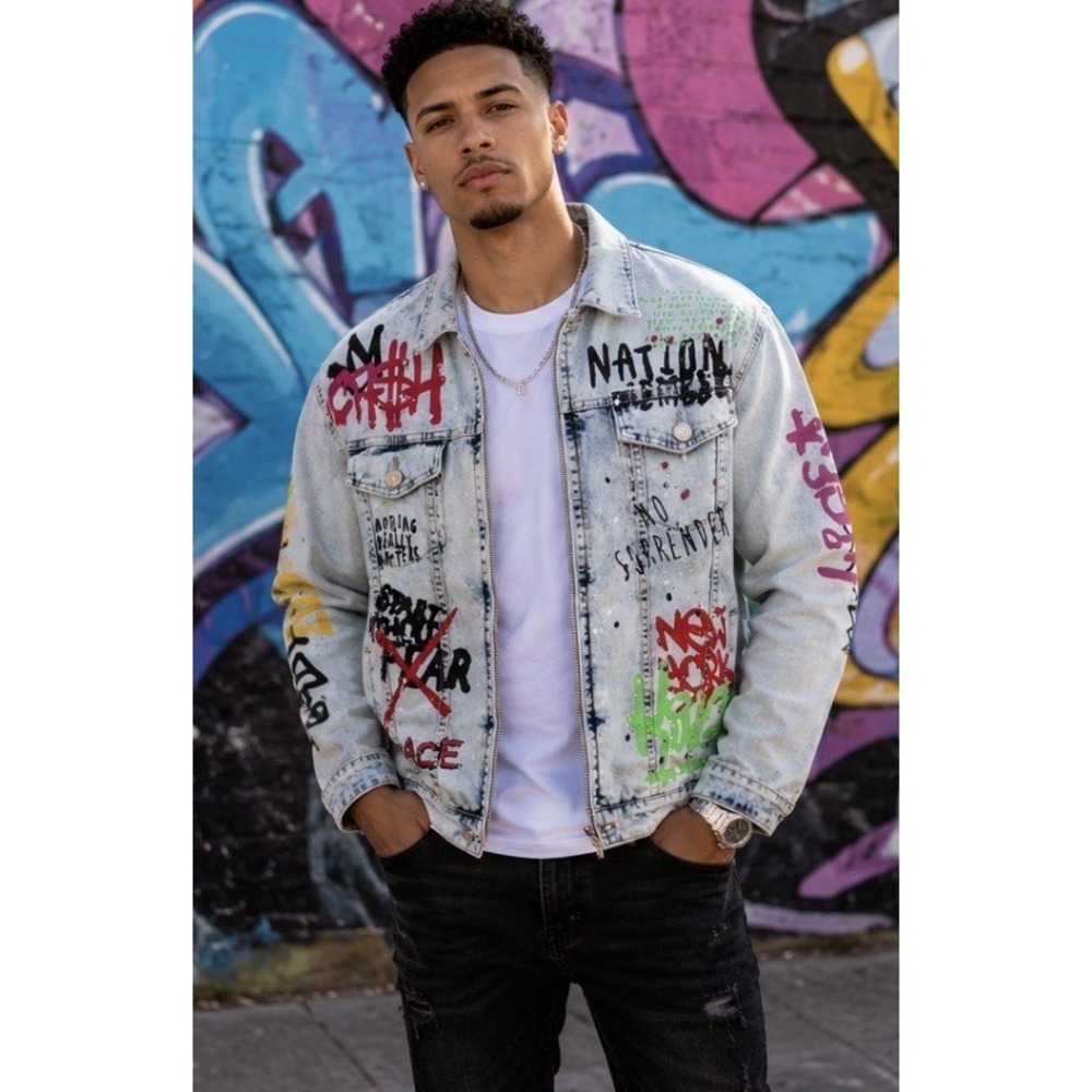 Argonaut Nation King of Swag Graffiti Denim Jacket Men's XL Y2K Hip Hop Zip